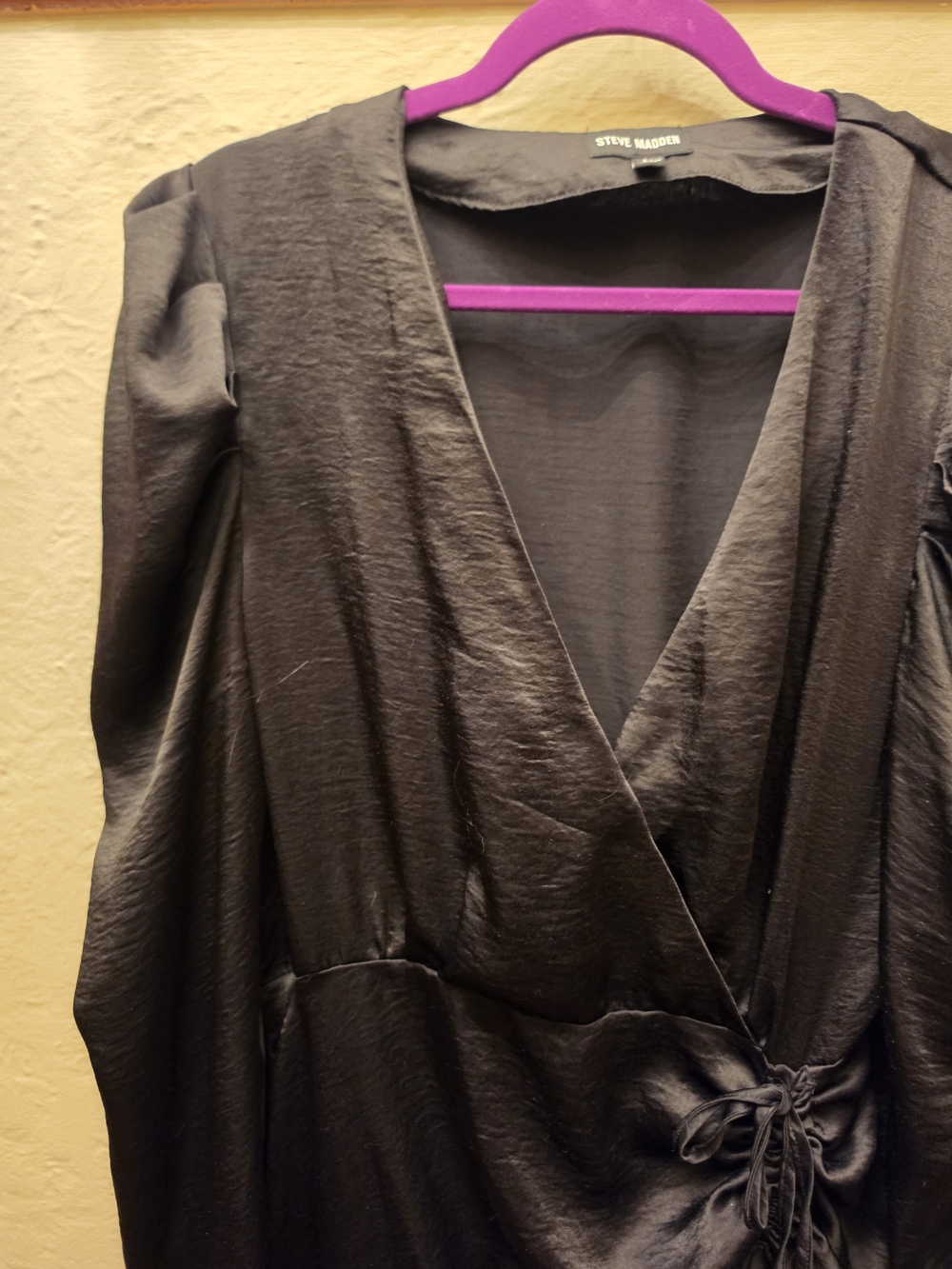 Steve Madden Black Satin Faux Wrap Ruched Mini Dress Ruffle Hem L - Picture 7 of 14
